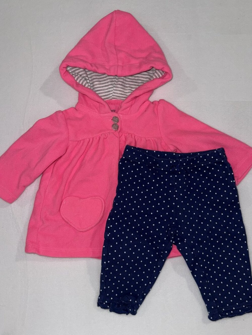 Carter's Girl Hoodie Outfit | Pink Hooded Top + Polka Dot Leggings Size 6M GUC